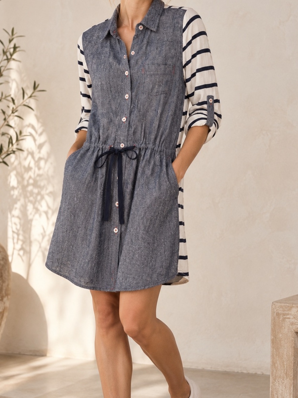 Anthropologie Navy Chambray & Cream Striped Sleeve Shirt Dress
